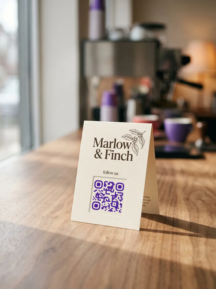 Marlow & Finch table tent with a follow-us QR code