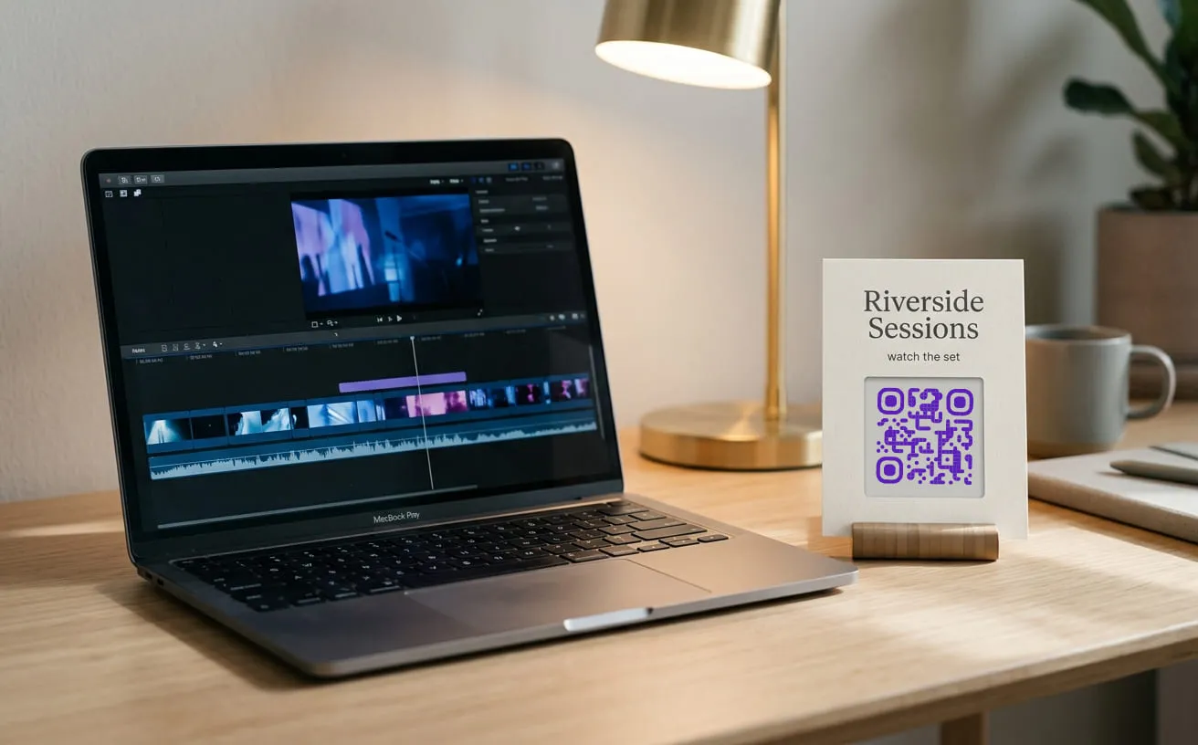 Riverside Sessions desk card beside an editing laptop with a QR code